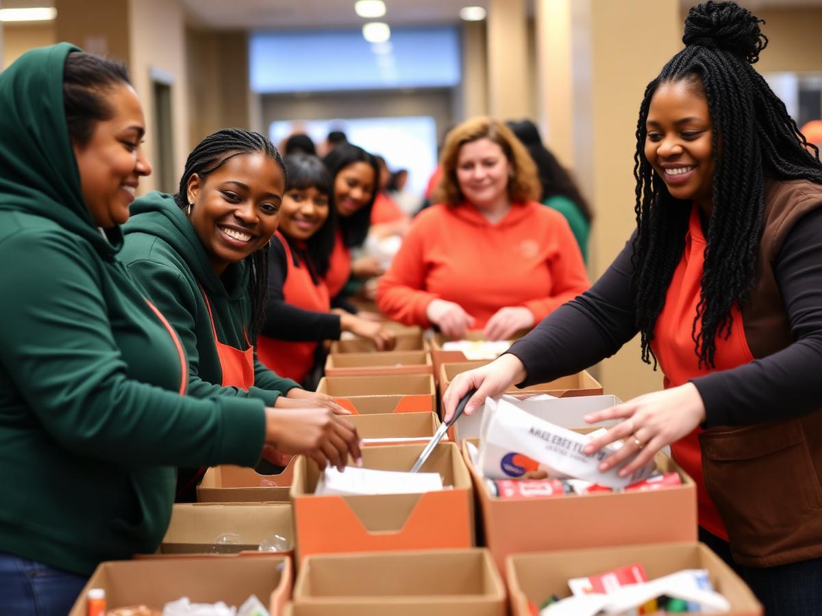 Volunteers packing donations